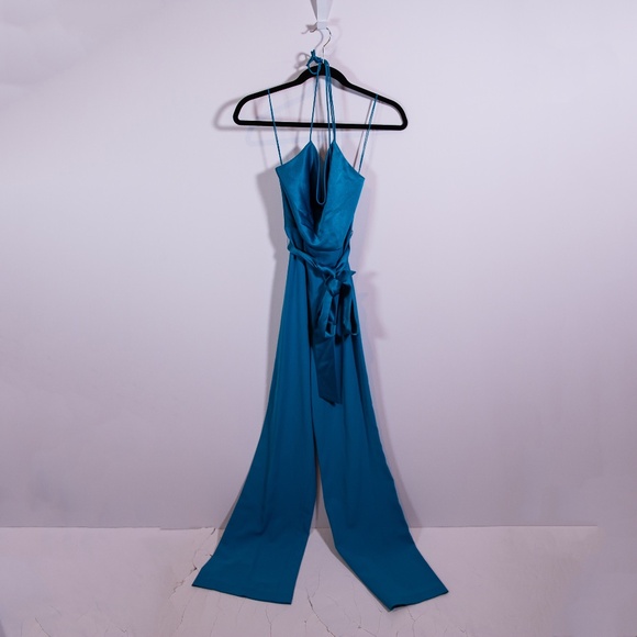 NEW Alice + Olivia Primrose Cowl Neck Halter Satin Jumpsuit Jumper Ocean Blue 2